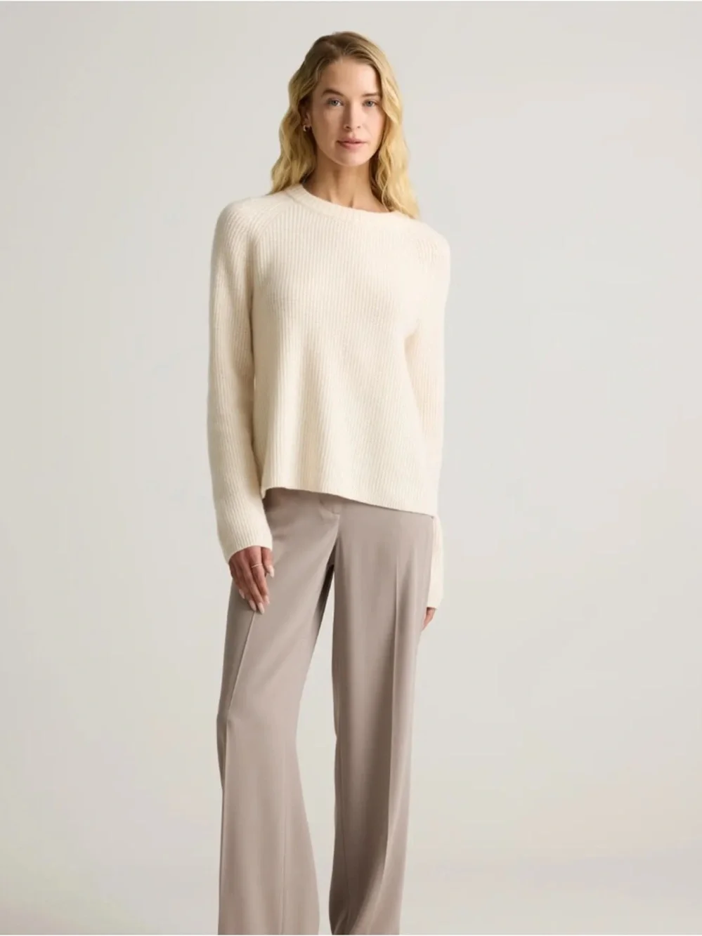 Quince Ivory Cashmere Ribbed Crewneck Sweater - Picture 2 of 6